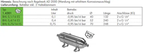 Druckluftbehälter, Edelstahl 1.4301, PN 16, veschiedene Größen